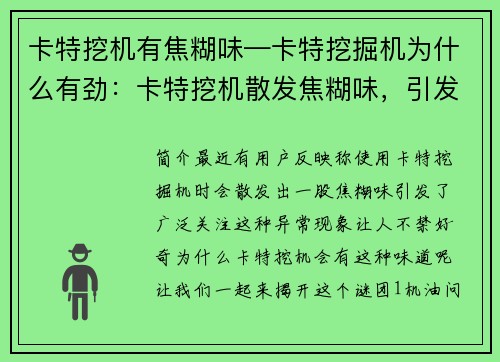 卡特挖机有焦糊味—卡特挖掘机为什么有劲：卡特挖机散发焦糊味，引发关注