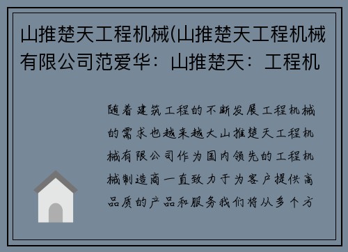 山推楚天工程机械(山推楚天工程机械有限公司范爱华：山推楚天：工程机械领域的领跑者)